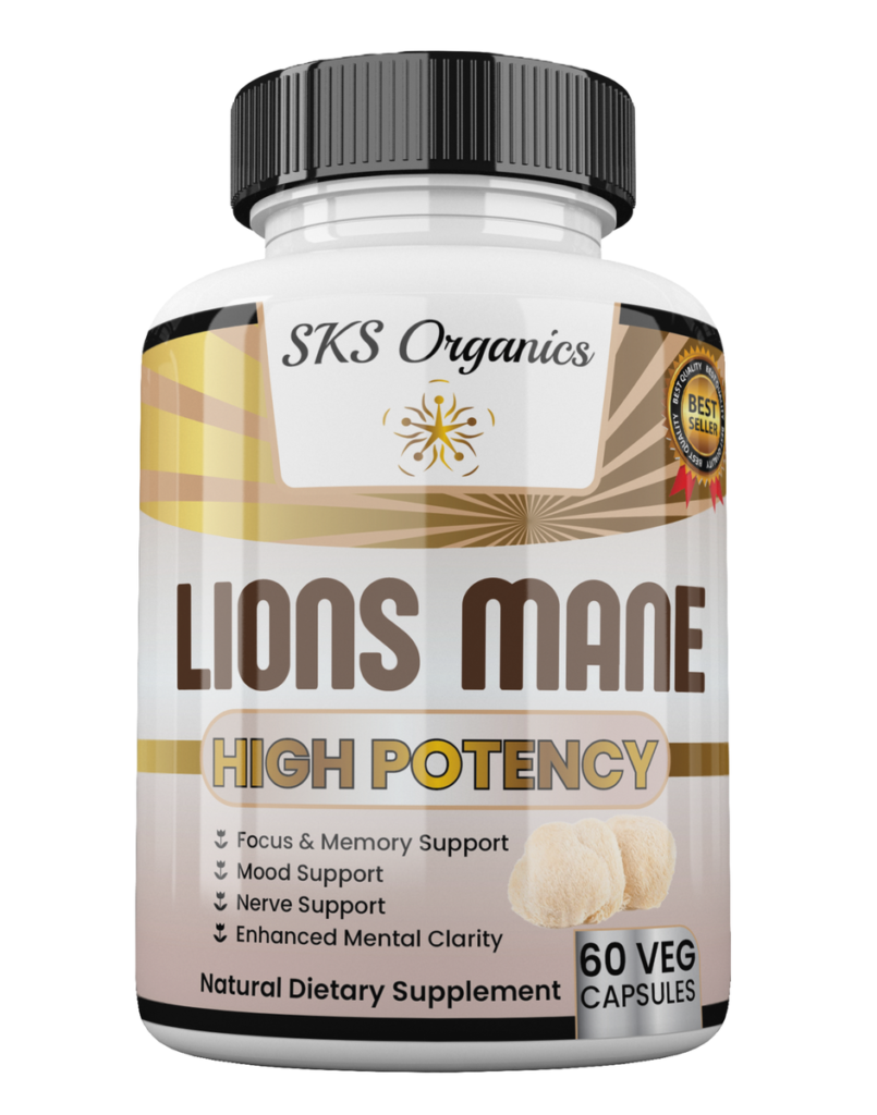 High potency Lion’s Mane mushroom supplement bottle – natural support for focus, memory, and brain health Lion’s Mane mushroom capsules – high-strength nootropic for cognitive function, memory retention, and mild anxiety